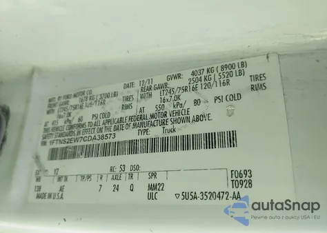 2012 Ford E-250 Commercial from USA, damaged, VIN 1FTNS2EW7CDA38573